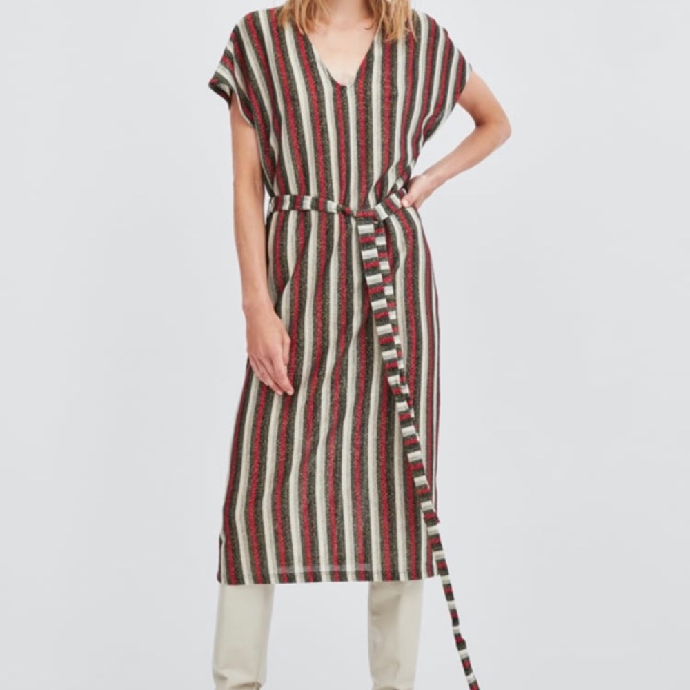 Zara Women Gold Striped Texture Dress